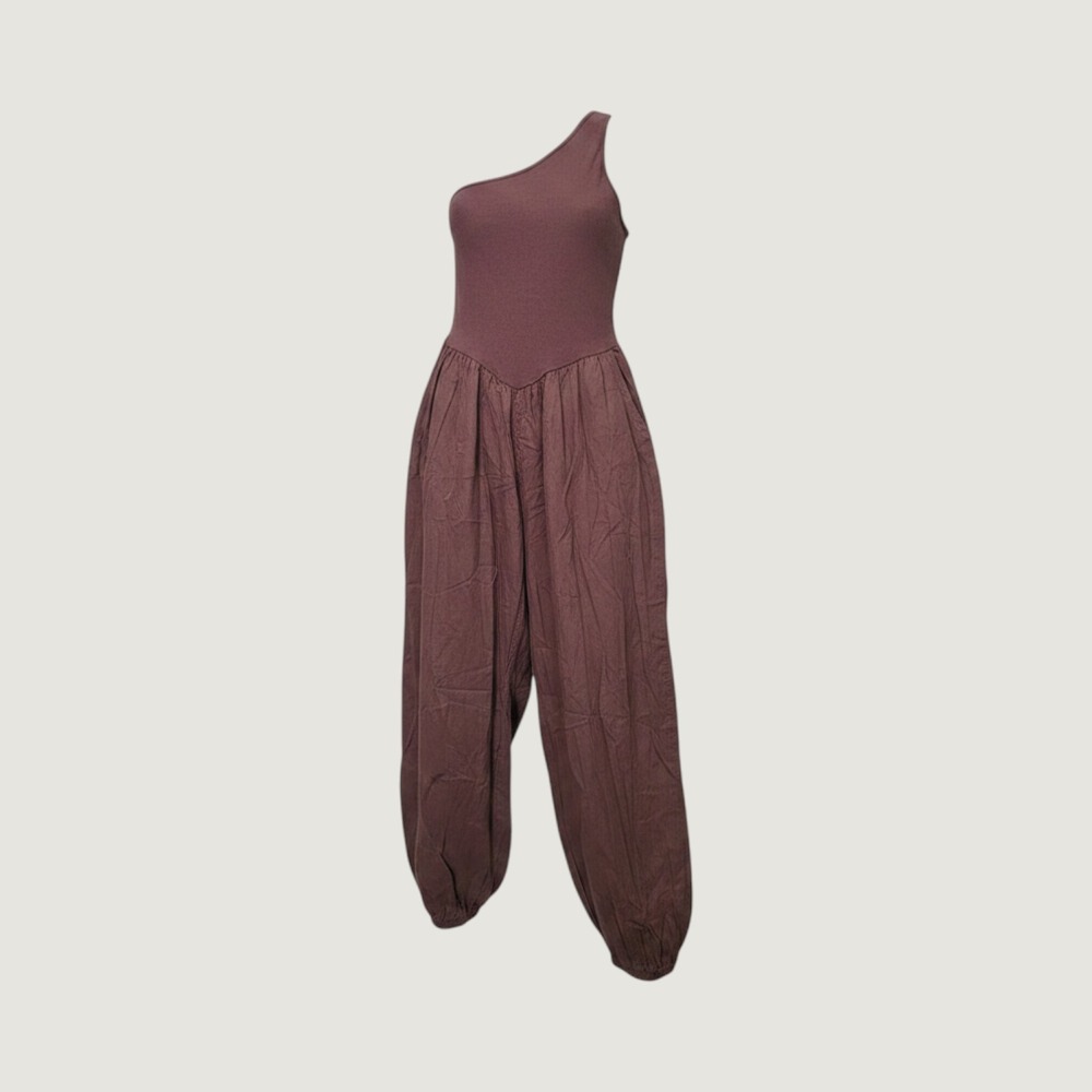 In Italy One Shoulder Harem Jumpsuit Chocolate Brown Balloon Leg Ribbed Top SZ L
